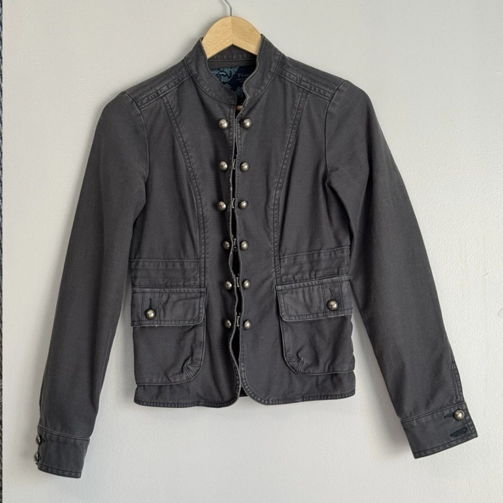 Fossil Womens Gray Denim Jacket Small Hook Eye Antique Buttons Poetcore Military